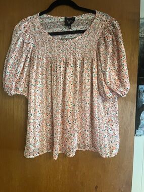 W5 Peach Floral Smocked Square-Neck Blouse